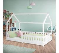 ML-Design Cama Infantil 90x200cm con Reja Protectora Techo y Somier Estructura Listones de Madera de Pino Maciza Color Blanco Diseño Creativo Mueble de Dormitorio Mobiliario Casa