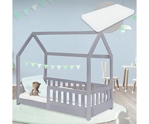ML-Design Cama Infantil Casa Gris Claro 70x140 cm de Madera de Pino con Colchón de Espuma Fría, Protección Anticaída y Techo, Somier de Listones, Cuna de Suelo, Lecho para Niño Forma de Casita Juego