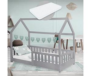 ML-Design Cama Infantil Casa Gris Claro 80x160 cm de Madera de Pino con Colchón de Espuma Fría, Protección Anticaída y Techo, Somier de Listones, Cuna de Suelo, Lecho para Niño Forma de Casita Juego