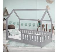 ML-Design Cama Infantil Casa Gris Claro 80x160 cm de Madera de Pino con Protección Anticaída, Techo y Somier Estructura de Listones, Cuna de Suelo Maciza, Lecho Casita de Juego para Niño y Bebé