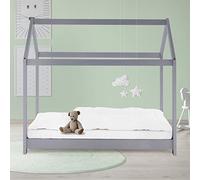 ML-Design Cama Infantil Casa Gris Claro 80x160 cm de Madera de Pino con Techo y Somier Estructura de Listones, Cuna de Suelo Maciza en Forma de Casita de Juego Juvenil Mobiliario para Niño y Bebé