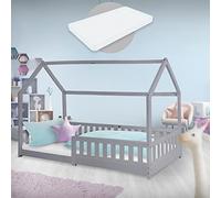 ML-Design Cama Infantil Casa Gris Claro 90x200 cm de Madera de Pino con Colchón de Espuma Fría 16cm, Protección Anticaída y Techo, Somier de Listones, Cuna de Suelo, Lecho Casita de Juego para Niño