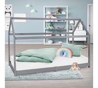ML-Design Cama Infantil Casa Gris Claro 90x200 cm de Madera de Pino con Techo y Somier Estructura de Listones, Cuna de Suelo Maciza en Forma de Casita, Lecho de Juego Juvenil Mobiliario de Niño y Bebé