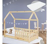 ML-Design Cama Infantil Casa Natural 70x140 cm de Madera de Pino con Colchón de Espuma Fría, Protección Anticaída y Techo, Somier de Listones, Cuna de Suelo, Lecho para Niño Forma de Casita de Juego