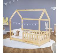 ML-Design Cama Infantil Casa Natural 70x140 cm de Madera de Pino con Protección Anticaída, Techo y Somier Estructura de Listones, Cuna de Suelo Maciza, Lecho Casita de Juego para Niño y Bebé