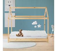 ML-Design Cama Infantil Casa Natural 70x140 cm de Madera de Pino con Techo y Somier Estructura de Listones, Cuna de Suelo Maciza en Forma de Casita, Lecho de Juego Juvenil Mobiliario para Niño y Bebé