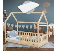 ML-Design Cama Infantil Casa Natural 80x160 cm de Madera de Pino con Colchón de Espuma Fría, Protección Anticaída y Techo, Somier de Listones, Cuna de Suelo, Lecho para Niño Forma de Casita de Juego