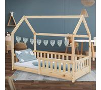 ML-Design Cama Infantil Casa Natural 80x160 cm de Madera de Pino con Protección Anticaída, Techo y Somier Estructura de Listones, Cuna de Suelo Maciza, Lecho Casita de Juego para Niño y Bebé