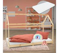 ML-Design Cama Infantil Casa Natural 90x200 cm de Madera de Pino + Colchón de Espuma Fría 10cm, Techo y Somier de Listones, Cuna de Suelo Maciza Casita de Juego Juvenil Mobiliario para Niño y Bebé