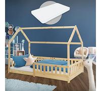 ML-Design Cama Infantil Casa Natural 90x200 cm de Madera de Pino con Colchón de Espuma Fría 10cm, Protección Anticaída y Techo, Somier de Listones, Cuna de Suelo, Lecho para Niño Forma Casita de Juego