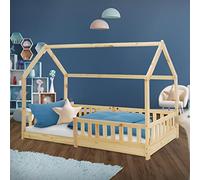 ML-Design Cama Infantil Casa Natural 90x200 cm de Madera de Pino con Protección Anticaída, Techo y Somier Estructura de Listones, Cuna de Suelo Maciza, Lecho Casita de Juego para Niño y Bebé