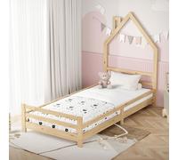 ML-Design Cama Infantil con Forma de Casita 90 x 200 cm de Madera de Pino Color Natural, Cuna Individual para Niño con Somier de Láminas y Diseño Casa con Chimenea, Litera Maciza Juvenil de Juego