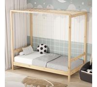 ML-Design Cama Infantil con Portería de Fútbol 80 x 160 cm de Madera de Pino Color Natural, Cuna Individual para Niño con Somier de Láminas y Red, Litera Maciza Juvenil con Puerta de Juego y Deporte