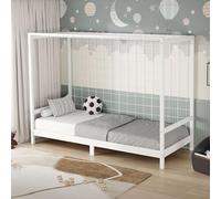 ML-Design Cama Infantil con Portería de Fútbol 90 x 200 cm de Madera de Pino Color Blanco, Cuna Individual para Niño con Somier de Láminas y Red, Litera Maciza Juvenil con Puerta de Juego y Deporte