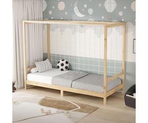 ML-Design Cama Infantil con Portería de Fútbol 90 x 200 cm de Madera de Pino Color Natural, Cuna Individual para Niño con Somier de Láminas y Red, Litera Maciza Juvenil con Puerta de Juego y Deporte
