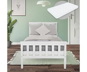 ML-Design Cama Infantil de Madera de Pino Color Blanco con Colchón 90 x 200 x 16 cm de Espuma Fría Hipoalergénico Ergonómico Estructura de Listones Cuna para Niños y Niñas con Cabecero y Piecero