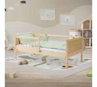 ML-Design Cama Infantil Individual Natural(Beige) 70x140cm Madera de Pino Maciza con Somier de Láminas y Protección Anticaída Diseño Creativo Estructura Robusta Mueble de Dormitorio para Niños/Bebés