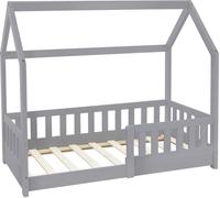 ML-Design Cama Infantil 70x140cm con Reja Protectora Techo y Somier Estructura Listones de Madera de Pino Maciza Color Gris Claro Diseño Creativo Mueble de Dormitorio Mobiliario Casa-Cama para Niños