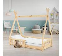 ML-Design Cama Infantil Tipi 70x140 cm con Protección Anticaída y Somier Estructura Listones de Madera de Pino Maciza Color Natural Forma de Casa Mobiliario Juego Tienda de Campaña para Niños