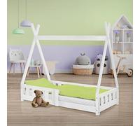ML DESIGN modern living Cama Infantil Tipi 70x140 cm con Protección Anticaída y Somier Estructura Listones de Madera de Pino Maciza Blanco Forma de Casa Mobiliario Juego Tienda de Campaña para Niños