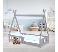 ML-Design Cama Infantil Tipi 70x140cm con Protección Anticaída y Somier Estructura Listones de Madera de Pino Maciza Gris Claro Lecho de Suelo Forma de Casa Mobiliario Juego Tienda de Campaña Niños
