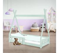 ML-Design Cama Infantil Tipi 70x140cm con Protección Anticaída y Somier Estructura Listones de Madera de Pino Maciza Color Menta Lecho de Suelo Forma de Casa Mobiliario Juego Tienda de Campaña Niños
