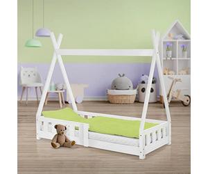 ML-Design Cama Infantil Tipi 70x140cm con Protección Anticaída y Somier Estructura Listones de Madera de Pino Maciza Color Blanco Lecho de Suelo Forma de Casa Mobiliario Juego Tienda de Campaña Niños