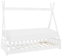 ML-Design Cama Infantil Tipi Blanca con Colchón 80x160 cm Protección Anticaída y Somier Estructura Listones de Madera Maciza de Pino para Niño Forma de Casa con Reja Cama Juvenil Juego Lecho de Suelo