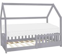 ML-Design Cama Infantil Casa Gris Claro 80x160 cm de Madera de Pino con Colchón de Espuma Fría, Protección Anticaída y Techo, Somier de Listones, Cuna de Suelo, Lecho para Niño Forma de Casita Juego