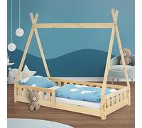 ML-Design Cama Infantil Tipi 80x160 cm con Protección Anticaída y Somier Estructura Listones de Madera de Pino Maciza Natural Lecho de Suelo Forma de Casa Mobiliario Juego Tienda de Campaña Niños