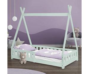 ML-Design Cama Infantil Tipi 80x160 cm con Protección Anticaída y Somier Estructura Listones de Madera de Pino Maciza Verde Menta Lecho de Suelo Forma de Casa Mobiliario Juego Tienda de Campaña Niños