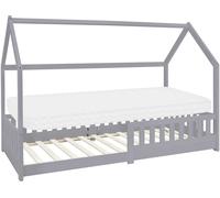 ML-Design Cama Infantil Casa Gris Claro 90x200 cm de Madera de Pino con Colchón de Espuma Fría 10cm, Protección Anticaída y Techo, Somier de Listones, Cuna de Suelo, Lecho Casita de Juego para Niño