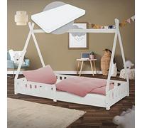 ML-Design Cama Infantil Tipi Blanca 200x90 cm con Colchón Hipoalergénico 16cm, Protección Anticaída y Somier, Cuna Juvenil de Madera Maciza de Pino para Niño en Forma de Casa, Juego Lecho de Suelo
