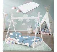 ML-Design Cama Infantil Tipi Blanca 70x140 cm con Colchón de Espuma Fría y Somier de Listones, Cuna de Suelo Juvenil de Madera Maciza de Pino, Lecho para Niño y Bebé, Casa Tienda de Campaña Juego