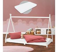 ML-Design Cama Infantil Tipi Blanca 90x200 cm + Colchón de Espuma Fría 10cm y Somier de Listones, Cuna de Suelo Juvenil de Madera Maciza de Pino, Lecho para Niño y Bebé, Casa Tienda de Campaña Juego