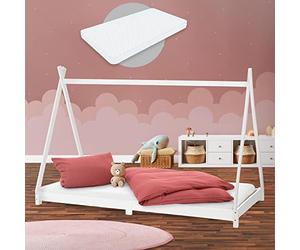 ML-Design Cama Infantil Tipi Blanca 90x200 cm + Colchón de Espuma Fría 16cm y Somier de Listones, Cuna de Suelo Juvenil de Madera Maciza de Pino, Lecho para Niño y Bebé, Casa Tienda de Campaña Juego