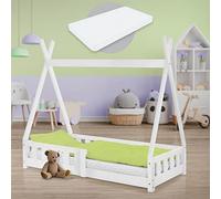 ML-Design Cama Infantil Tipi Blanca con Colchón 70x140cm Protección Anticaída y Somier Estructura Listones, Madera Maciza de Pino para Niño en Forma de Casa con Reja Cama Juvenil Juego Lecho de Suelo