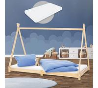 ML-Design Cama Infantil Tipi De Madera Maciza De Pino Natural 90x200 cm con Colchón De Espuma Fría Oeko-Tex 100 Somier Armazón De Listones Cuna India Niños De 3 a 9 Años Forma De Tienda De Campaña