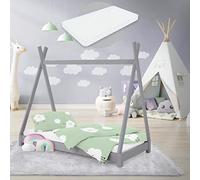 ML-Design Cama Infantil Tipi Gris Claro 70x140 cm con Colchón de Espuma Fría y Somier de Listones, Cuna de Suelo Juvenil de Madera Maciza de Pino, Lecho para Niño y Bebé, Casa Tienda de Campaña Juego
