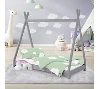 ML-Design Cama Infantil Tipi Gris Claro 70x140 cm Madera de Pino Maciza con Somier Estructura de Listones, Cuna de Suelo en Forma de Casa Tienda de Campaña de Indio Mobiliario Juego, Lecho Niño y Bebé
