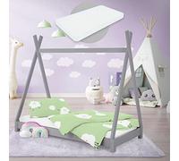 ML-Design Cama Infantil Tipi Gris Claro 80x160 cm con Colchón de Espuma Fría y Somier de Listones, Cuna de Suelo Juvenil de Madera Maciza de Pino, Lecho para Niño y Bebé, Casa Tienda de Campaña Juego
