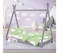 ML-Design Cama Infantil Tipi Gris Claro 80x160 cm Madera de Pino Maciza con Somier Estructura de Listones, Cuna de Suelo en Forma de Casa Tienda de Campaña de Indio Mobiliario Juego, Lecho Niño y Bebé