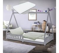 ML-Design Cama Infantil Tipi Gris Claro + Colchón 200x90 cm Protección Anticaída y Somier Estructura Listones de Madera Maciza de Pino para Niño Forma de Casa Cuna Juvenil Reja Juego Lecho de Suelo
