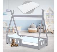 ML-Design Cama Infantil Tipi Gris Claro con Colchón 70x140cm Protección Anticaída y Somier Estructura Listones, Madera Maciza de Pino para Niño Forma de Casa con Reja Cama Juvenil Juego Lecho de Suelo
