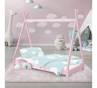 ML-Design Cama Infantil Tipi Indio 70x140 cm con Somier Estructura Listones de Madera de Pino Maciza Color Rosa Forma de Casa Mobiliario Juego Marco de Tienda de Campaña para Niños