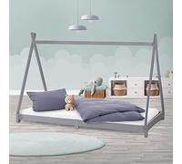 ML-Design Cama Infantil Tipi Indio 90x200 cm con Somier Estructura Listones de Madera de Pino Maciza Gris Claro Forma de Casa Mobiliario Juego Marco de Tienda de Campaña para Niños