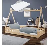 ML-Design Cama Infantil Tipi Natural 200x90 cm con Colchón Hipoalergénico 16cm, Protección Anticaída y Somier, Cuna Juvenil de Madera Maciza de Pino para Niño en Forma de Casa, Juego Lecho de Suelo