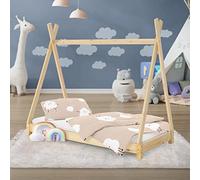 ML-Design Cama Infantil Tipi Natural 70x140 cm Madera de Pino Maciza con Somier Estructura de Listones, Cuna de Suelo en Forma de Casa Tienda de Campaña de Indio Mobiliario Juego, Lecho Niño y Bebé