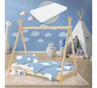 ML-Design Cama Infantil Tipi Natural 80x160 cm con Colchón de Espuma Fría y Somier de Listones, Cuna de Suelo Juvenil de Madera Maciza de Pino, Lecho para Niño y Bebé, Casa Tienda de Campaña Juego