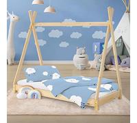 ML-Design Cama Infantil Tipi Natural 80x160 cm Madera de Pino Maciza con Somier Estructura de Listones, Cuna de Suelo en Forma de Casa Tienda de Campaña de Indio Mobiliario Juego, Lecho Niño y Bebé